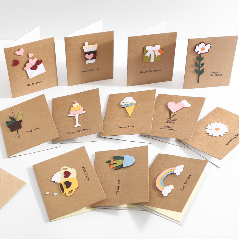 Korean Minimalist Wooden Cards - Laser Carved Greeting Set (Birthday/Thank You/Holiday) with Envelopes