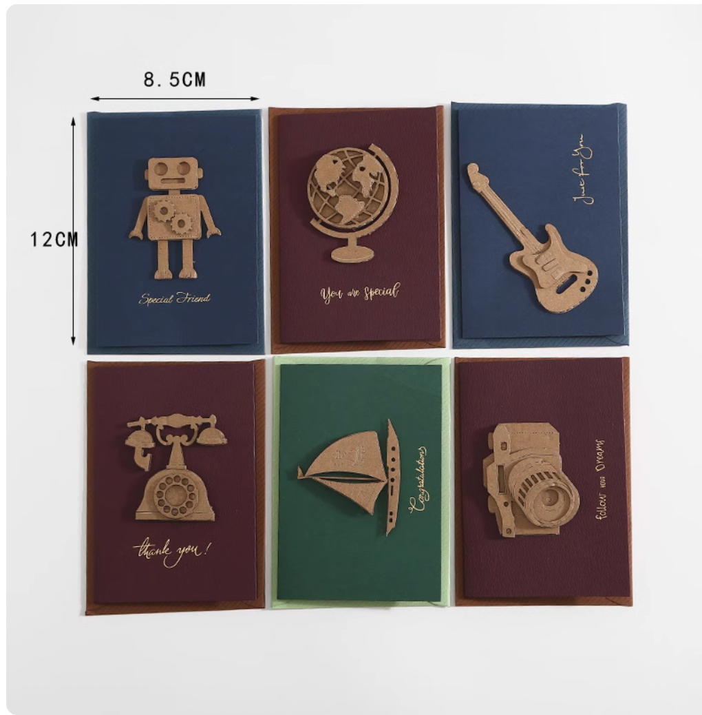 Korean Minimalist Wooden Cards - Laser Carved Greeting Set (Birthday/Thank You/Holiday) with Envelopes