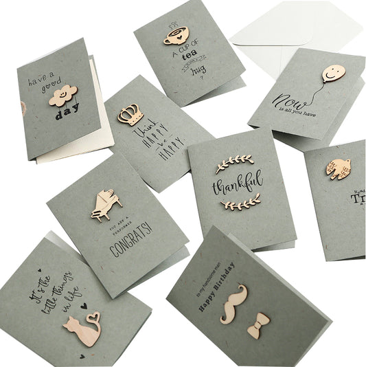 Korean Minimalist Wooden Cards - Laser Carved Greeting Set (Birthday/Thank You/Holiday) with Envelopes