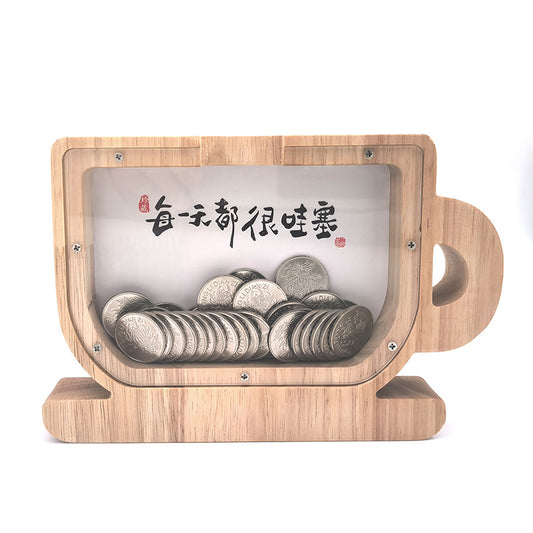 2025 New Piggy Bank Piggy Bank Cartoon Animal Coffee Cup Birthday Gift For Girls And Boys, Wooden Transparent