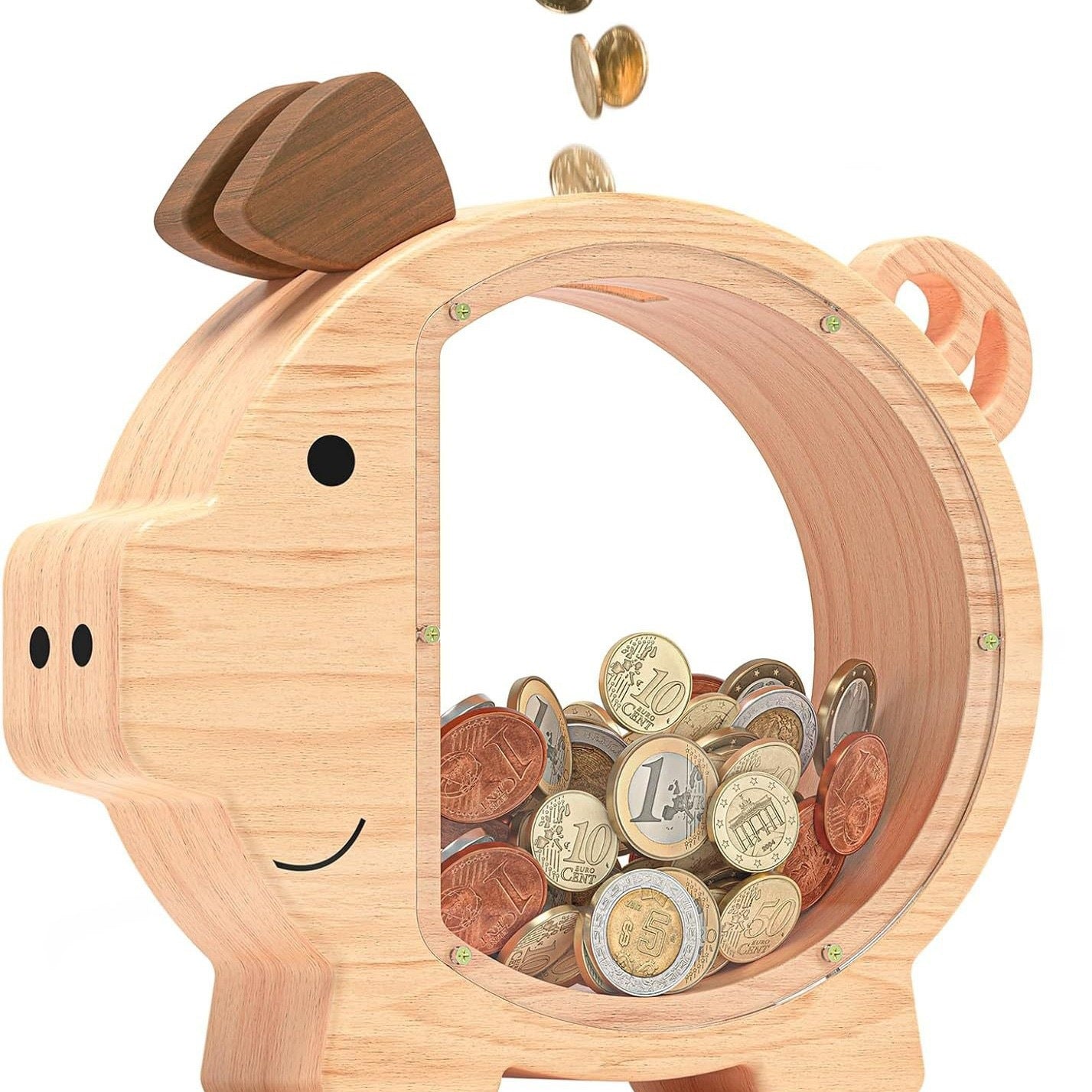 New Wooden Piggy Piggy Bank, Children'S Creative Piggy Bank, Transparent Acrylic Coin Storage Can