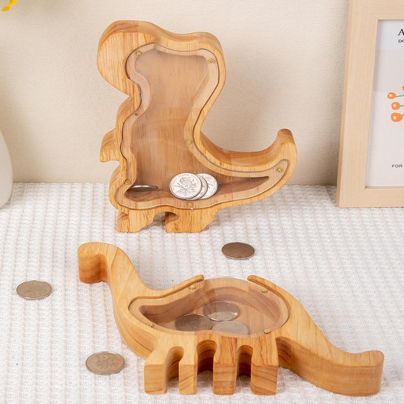 Wooden Cartoon Animal Piggy Bank, Children'S Coin Piggy Bank, Large Capacity, Only In And Out, Transparent Lid Piggy Bank