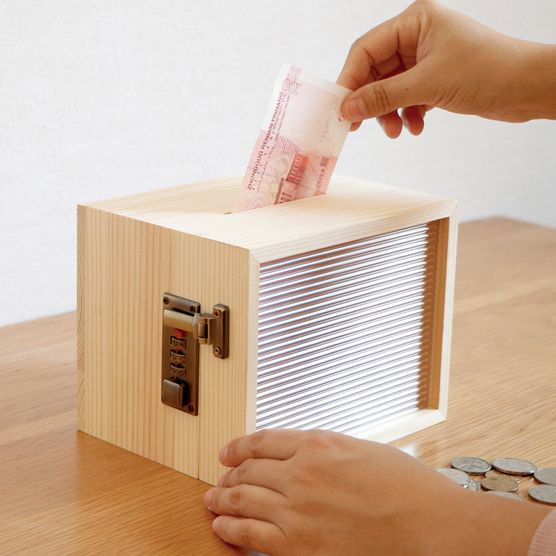 Solid Wood Transparent Tape Password Lock Piggy Bank Storage Box New Year'S Money Children'S Piggy Bank With Only In/Out Function