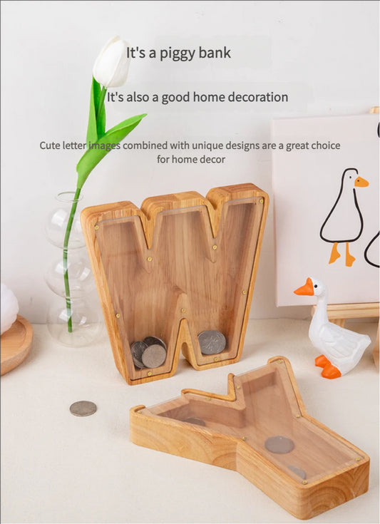 Large Internet Celebrity Wooden English Letter Piggy Bank, Solid Wood Transparent Piggy Bank, Coin And Change Storage Box