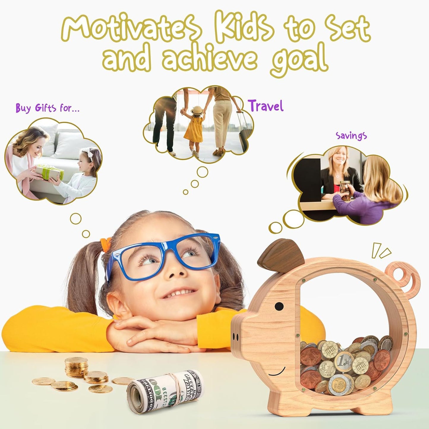 New Wooden Piggy Piggy Bank, Children'S Creative Piggy Bank, Transparent Acrylic Coin Storage Can