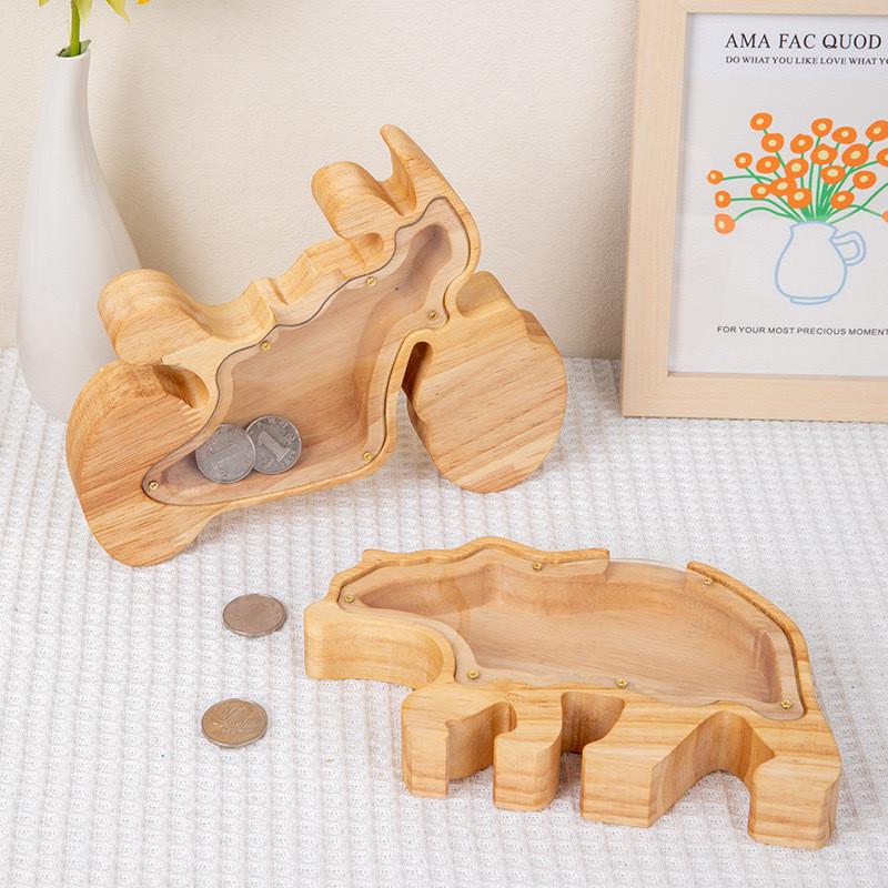Wooden Cartoon Animal Piggy Bank, Children'S Coin Piggy Bank, Large Capacity, Only In And Out, Transparent Lid Piggy Bank