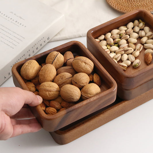Luxury Walnut Serving Set - 4-in-1 Square Tray for Dim Sum/Nuts/Dried Fruits (Handcrafted Wood Grain)