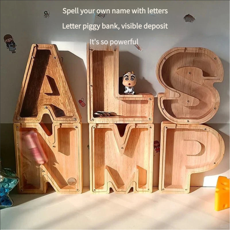 Large Internet Celebrity Wooden English Letter Piggy Bank, Solid Wood Transparent Piggy Bank, Coin And Change Storage Box