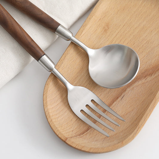 Premium Walnut Handle Cutlery Set - 304 Stainless Steel Soup Spoon & Fork Combo (Restaurant-Grade 18/10)