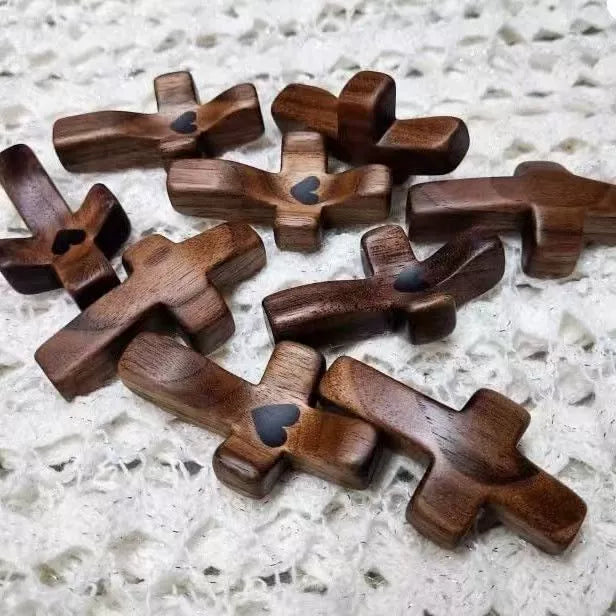 Handmade Black Walnut Thumb Cross – Wooden Easter Church Handle (Pocket-Sized Prayer Gift, Simple & Elegant Design, Ideal for Christians)