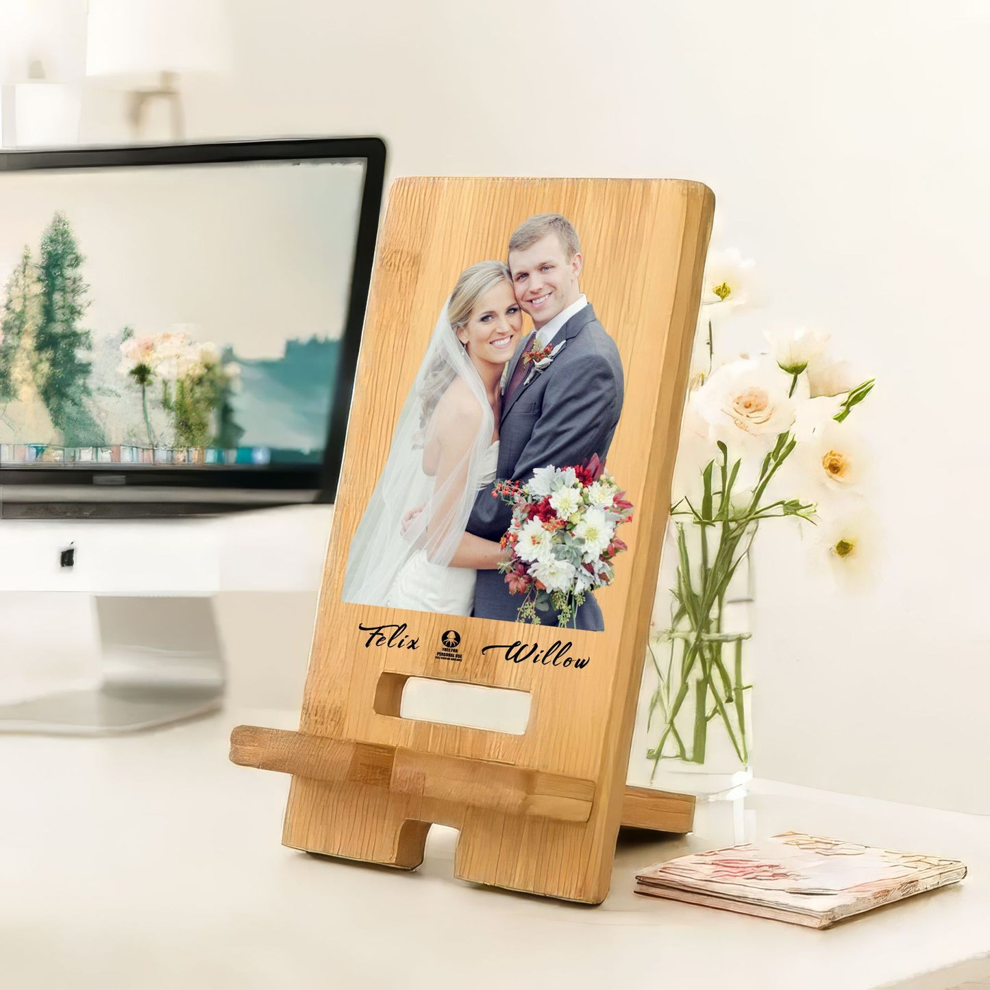 Personalized Bamboo Phone Stand – Custom Photo & Text Engraved Gift for Lovers, Parents (Christmas/Mother's Day/Father's Day Commemoration, Eco-Friendly)