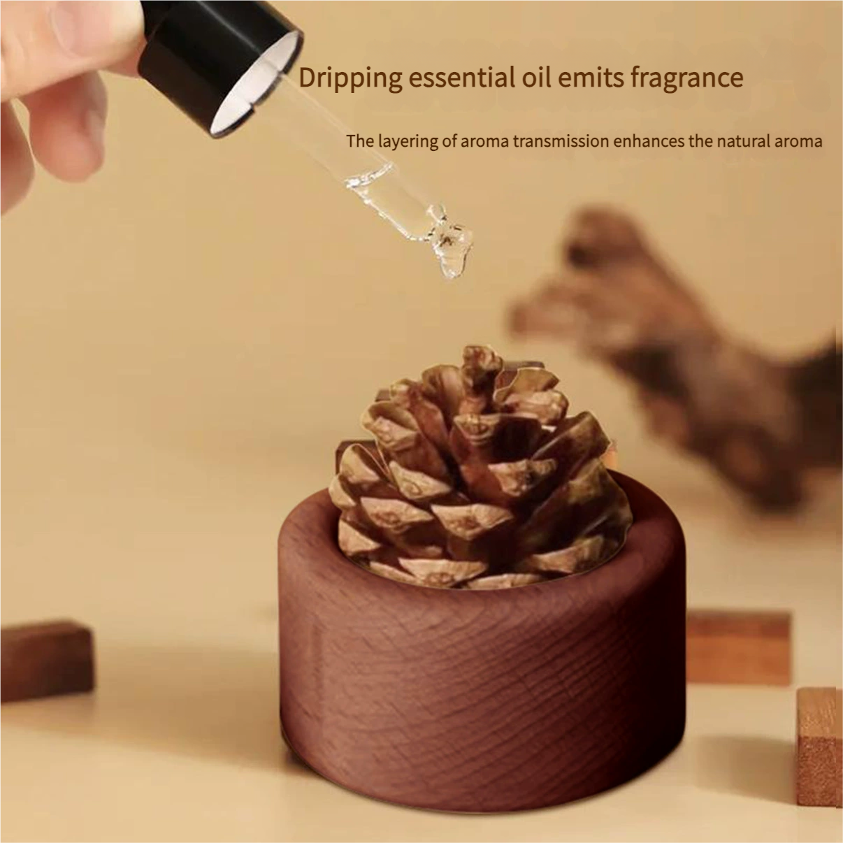 Natural Pinecone & Beech Wood Essential Oil Diffuser – Fire-Free Aromatherapy Decor for Home/Car (Eco-Friendly, Handmade, Reusable Fragrance Enhancer)