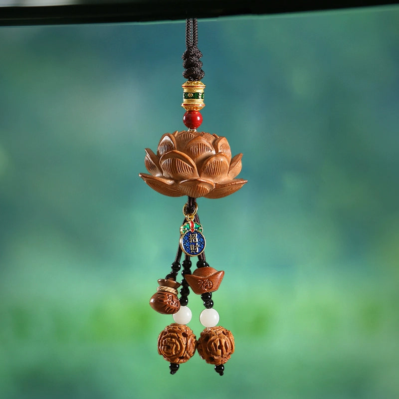 Peach Wood Lotus Flower Security Car Pendant For Safe Entry And Exit, High-End Interior Pendant, Rearview Mirror, Car Decoration, Hanging Decoration For Men