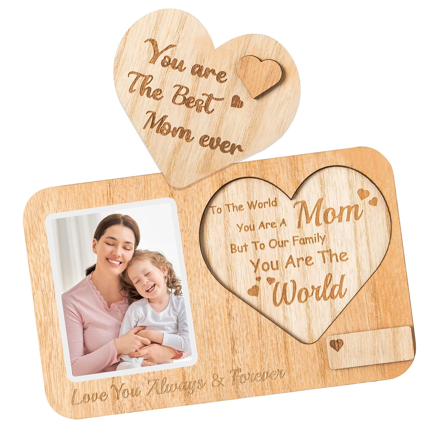 Handmade Wooden Photo Frame - Mother's Day Gift & Home Decor - Natural Wood Anniversary Keepsake with Display Stand