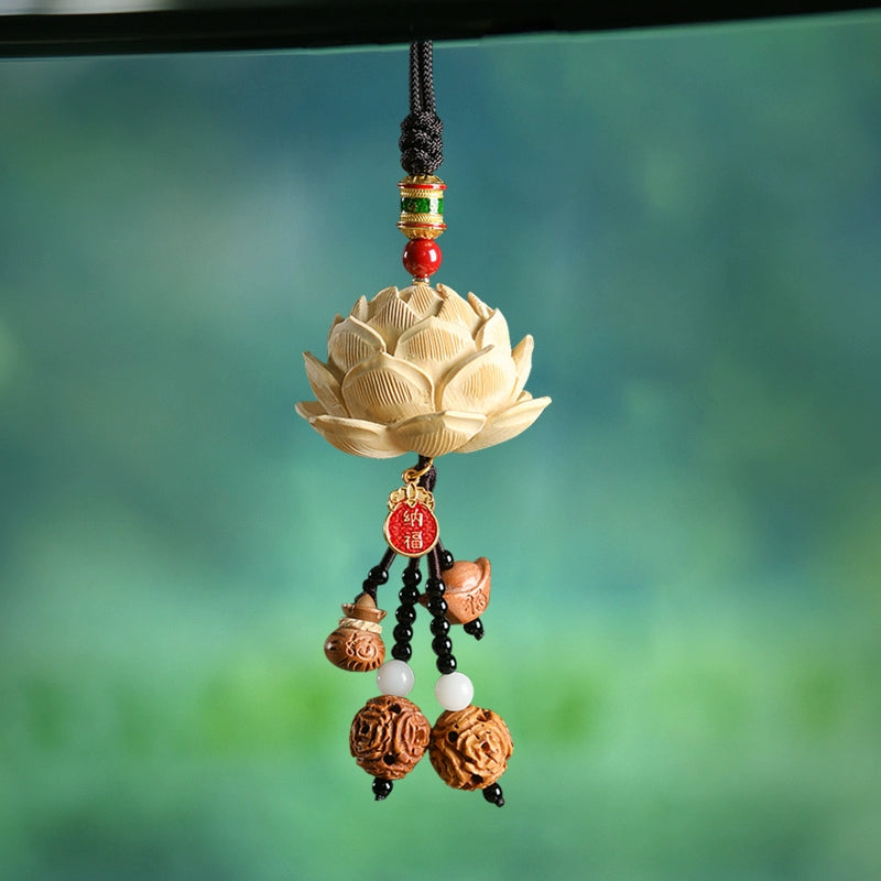Peach Wood Lotus Flower Security Car Pendant For Safe Entry And Exit, High-End Interior Pendant, Rearview Mirror, Car Decoration, Hanging Decoration For Men