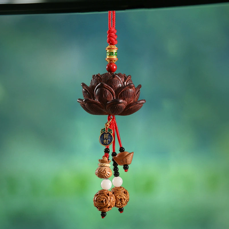 Peach Wood Lotus Flower Security Car Pendant For Safe Entry And Exit, High-End Interior Pendant, Rearview Mirror, Car Decoration, Hanging Decoration For Men