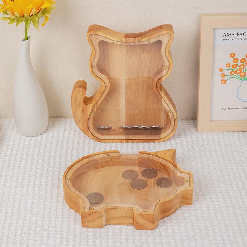 Wooden Cartoon Animal Piggy Bank, Children'S Coin Piggy Bank, Large Capacity, Only In And Out, Transparent Lid Piggy Bank