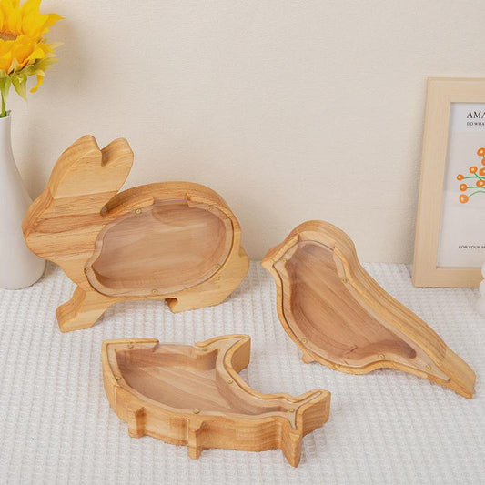 Wooden Cartoon Animal Piggy Bank, Children'S Coin Piggy Bank, Large Capacity, Only In And Out, Transparent Lid Piggy Bank