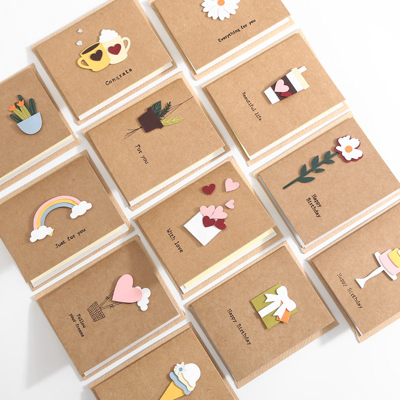 Korean Minimalist Wooden Cards - Laser Carved Greeting Set (Birthday/Thank You/Holiday) with Envelopes