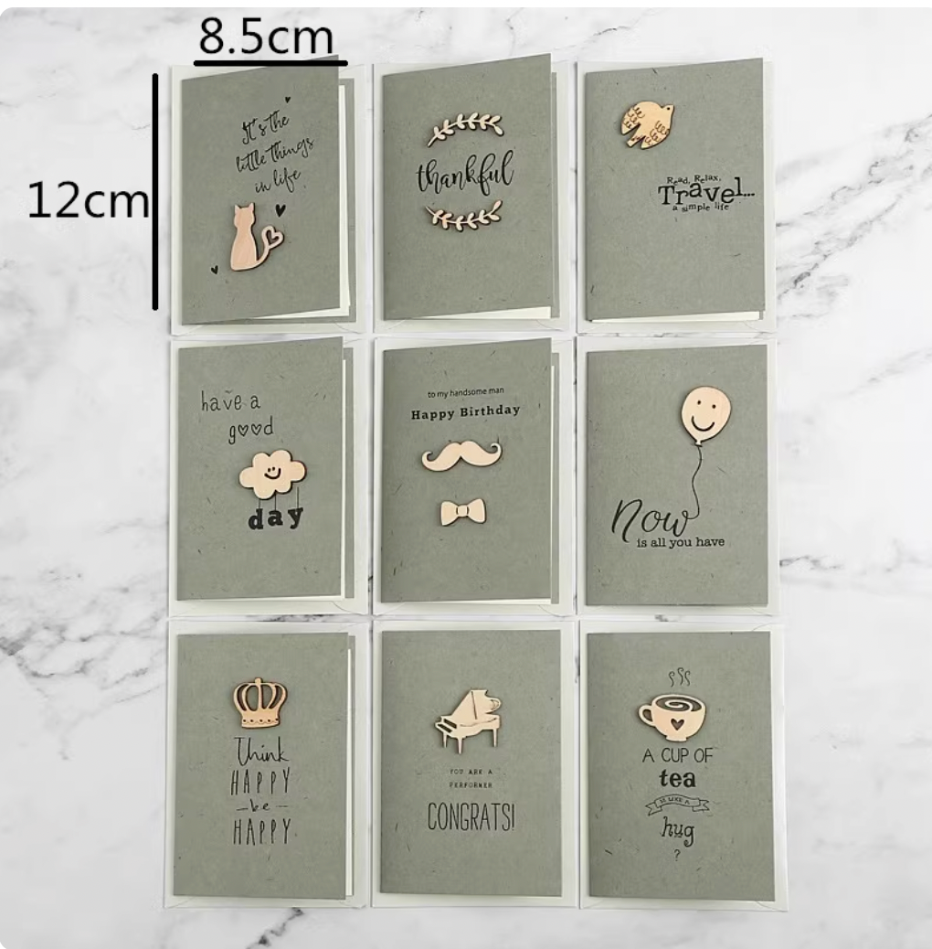 Korean Minimalist Wooden Cards - Laser Carved Greeting Set (Birthday/Thank You/Holiday) with Envelopes