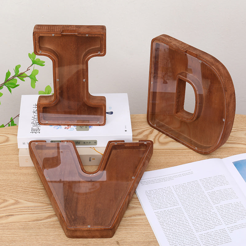Internet Celebrity Solid Wood 2025 New English Letter Coffee Bean Storage Box Transparent Cartoon Ornament Coin Storage Box
