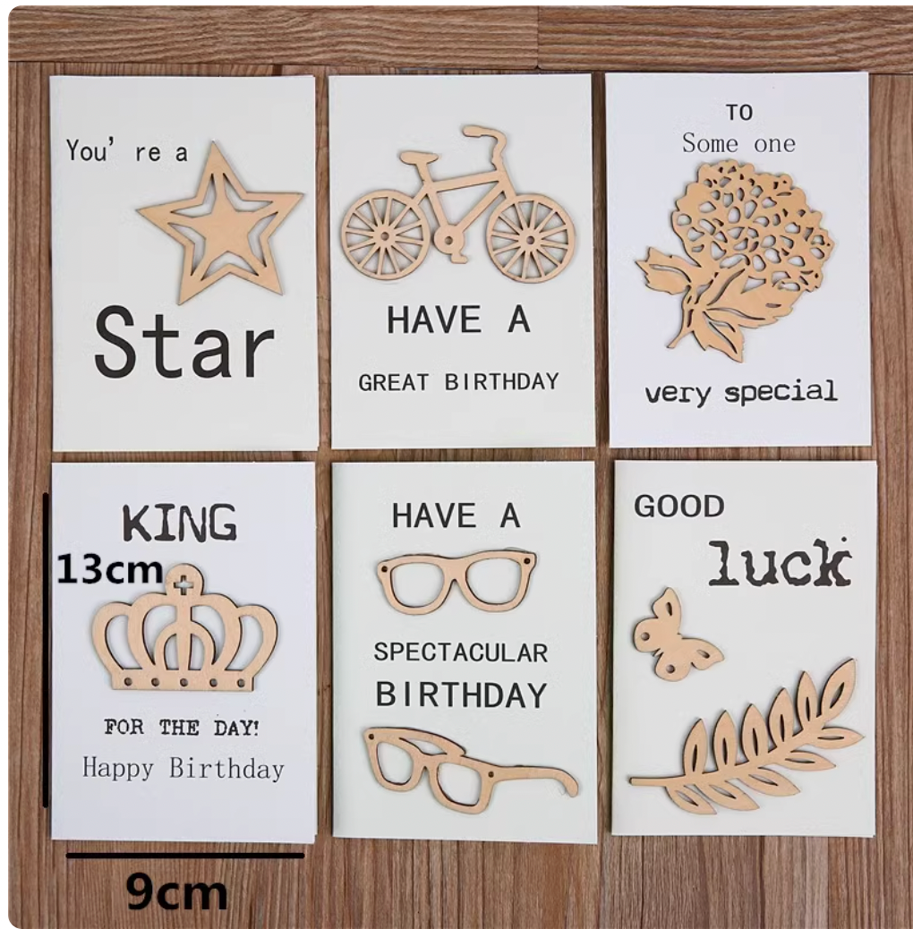 Korean Minimalist Wooden Cards - Laser Carved Greeting Set (Birthday/Thank You/Holiday) with Envelopes