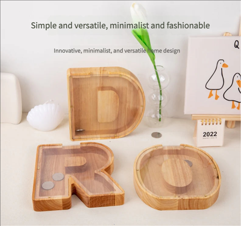 Large Internet Celebrity Wooden English Letter Piggy Bank, Solid Wood Transparent Piggy Bank, Coin And Change Storage Box