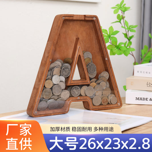 Internet Celebrity Solid Wood 2025 New English Letter Coffee Bean Storage Box Transparent Cartoon Ornament Coin Storage Box