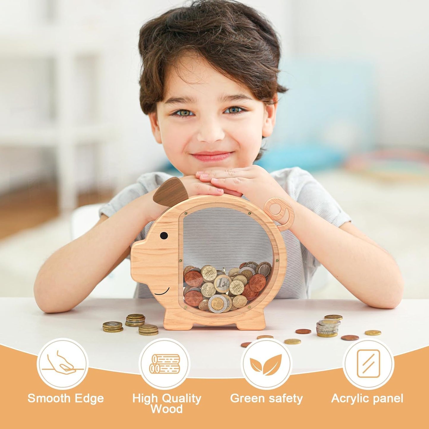 New Wooden Piggy Piggy Bank, Children'S Creative Piggy Bank, Transparent Acrylic Coin Storage Can