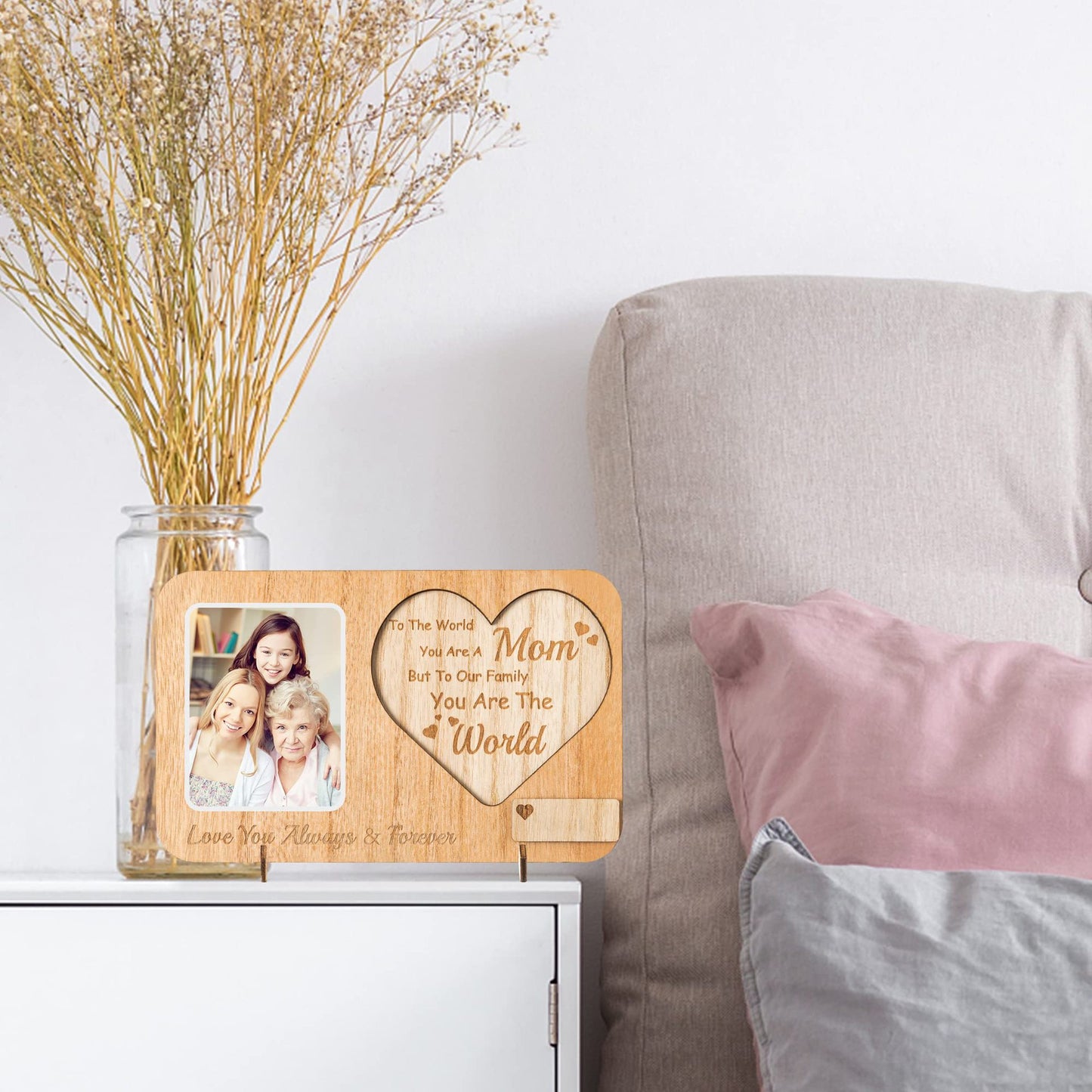 Handmade Wooden Photo Frame - Mother's Day Gift & Home Decor - Natural Wood Anniversary Keepsake with Display Stand