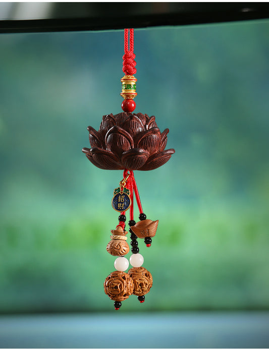 Peach Wood Lotus Flower Security Car Pendant For Safe Entry And Exit, High-End Interior Pendant, Rearview Mirror, Car Decoration, Hanging Decoration For Men