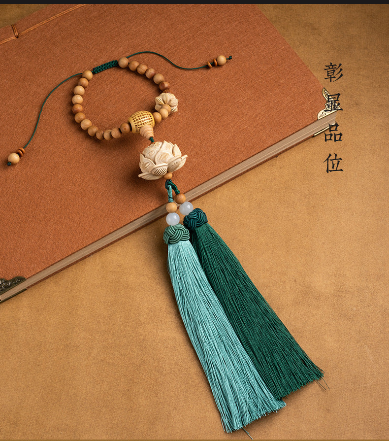 Car Rearview Mirror Pendant, Boxwood Lotus Flower Heart Sutra For Safe Entry And Exit, Handmade Hanging Decoration In The Car, Long Tassel Hanging Decoration