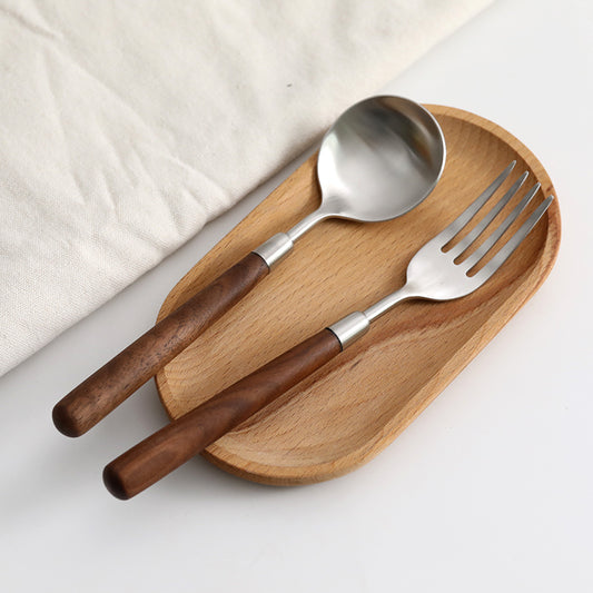 Walnut Handle Spoon, 304 Stainless Steel Round Headed Long Handled Spoon, Fork, Soup Spoon, Children'S Eating Spoon
