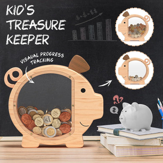 New Wooden Piggy Piggy Bank, Children'S Creative Piggy Bank, Transparent Acrylic Coin Storage Can