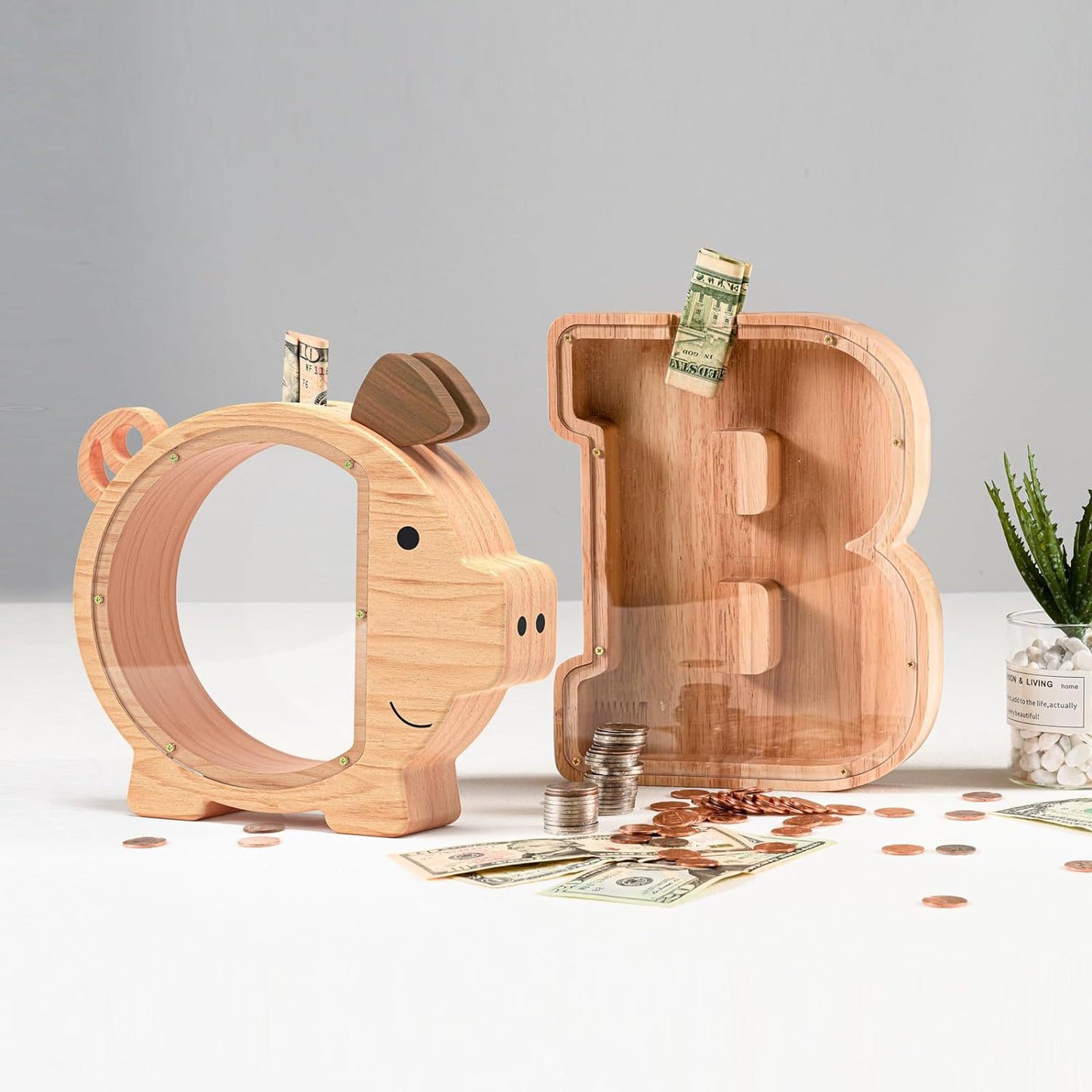 New Wooden Piggy Piggy Bank, Children'S Creative Piggy Bank, Transparent Acrylic Coin Storage Can