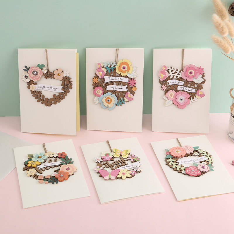 Korean Minimalist Wooden Cards - Laser Carved Greeting Set (Birthday/Thank You/Holiday) with Envelopes